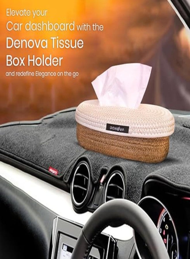 DENOVA Cotton Tissue Box Holder - Handcrafted Tissue Container for 100 Pulls Paper Towel Dispenser for Office Living Bedroom Car Desk Dining Table Home Decor (Oval, Cream & Natural) - Image 4